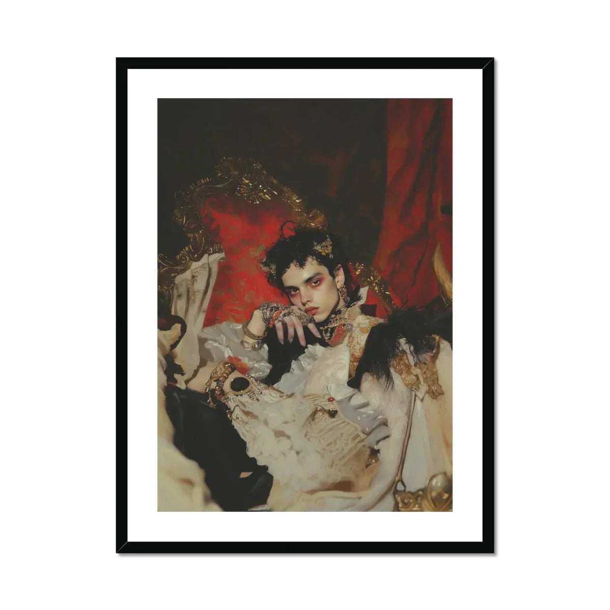 Santino - Queer Vampire King Art Print, Framed Artistic Portrait Photograph Dramatic Red Cream Tones
