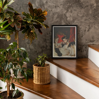 Santino - Queer Vampire King Art Print, Framed Artwork Figure Red White Tones Wooden Surface