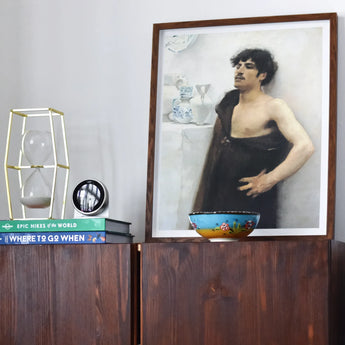 Young Man in Reverie - John Singer Sargent Art Print, Framed Portrait Shirtless Man Mustache Dark Drape