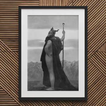 Death - Sascha Schneider Art Print, 20x30’’ / 51x76cm / Black Frame / 2’’ Matboard, Framed Black White Artwork Horned Figure Staff