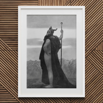 Death - Sascha Schneider Art Print, 20x30’’ / 51x76cm / White Frame / 2’’ Matboard, Framed Black White Print Horned Bearded Figure Cape
