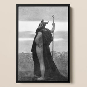 Death - Sascha Schneider Framed Canvas, 12x18’’ / 31x46cm / Black Floating Frame, Framed Black White Print Horned Cloaked Figure Staff