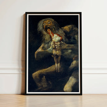 Black-framed Art Print Dark Dramatic Painting Monstrous Figure Saturn Devouring, Goya, Titan Crouches
