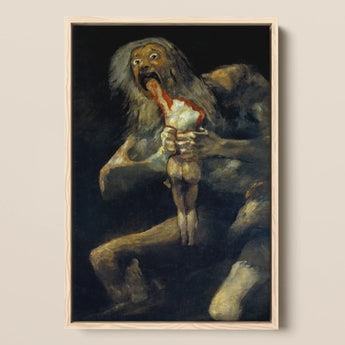 Saturn Devouring His Son - Francisco De Goya Art Print / Canvas Darkly Painted Framed Artwork Grotesque Hairy Figure Wide Saturn Devouring,