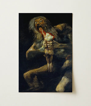 Darkly Painted Canvas Print Grotesque Hairy Figure Wide Saturn Devouring, Goya Art, Titan Crouches