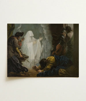 Classical Oil Painting Ghostly Figure White Robes Smoke Benjamin West Art, Moonlight Breaks, Witch’s Gesture