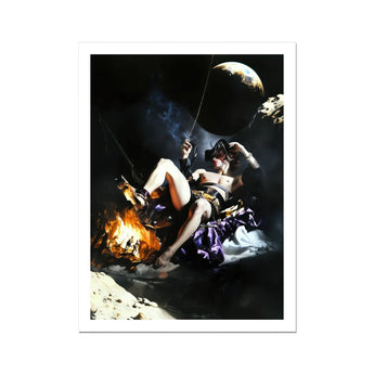 Feet to the Fire - Surreal Gay Pirate Fantasy Art Print, Scantily-clad Woman Moon’s Surface Campfire Rod