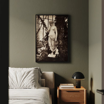 Sculpture of Venus Art Print / Canvas Black-framed Black-and-white Artwork Classical Statue Ornate Garden Marble Turns, Sepia Toning Warms,