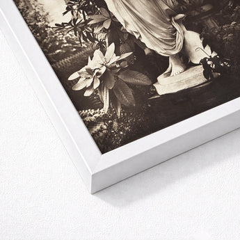 Sculpture of Venus Art Print / Canvas White Framed Black Photograph Classical Statue Surrounded Foliage Marble Turns, Sepia Toning Warms,