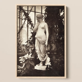 Sculpture of Venus Art Print / Canvas Framed Black-and-white Photograph Classical Marble Statue Draped Female Turns, Sepia Toning Warms,