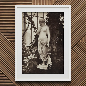 Sculpture of Venus Art Print / Canvas White-framed Black-and-white Photograph Classical Marble Statue Draped Fabric Turns, Sepia Toning