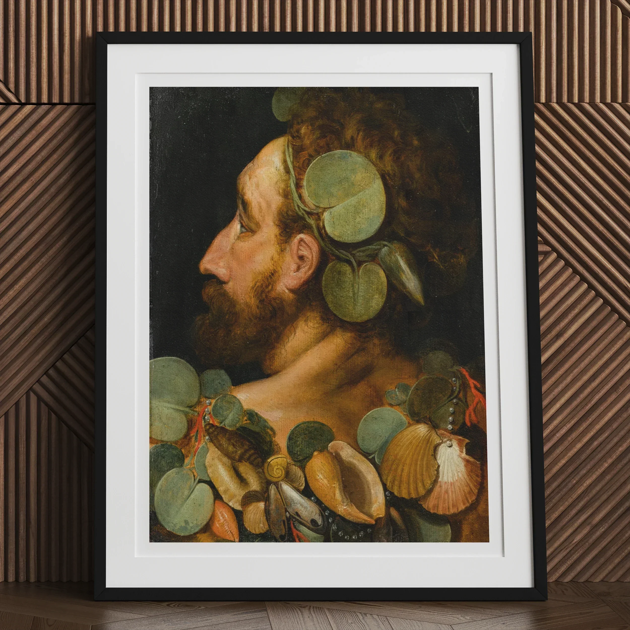 Sea God - Frans Floris Flemish Renaissance Art Print, Framed Painting Bearded Man’s Profile Adorned Leaves Seashells