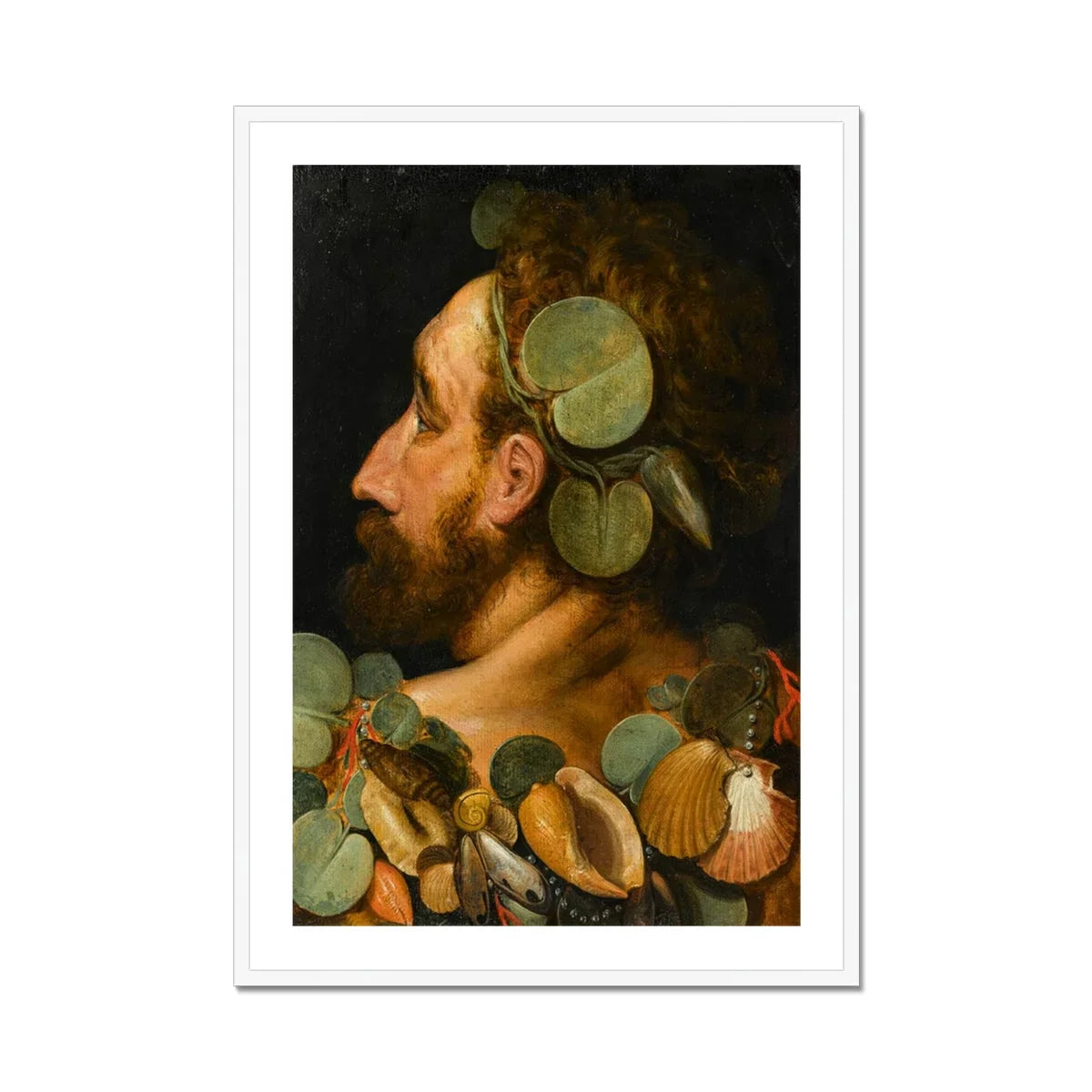 Sea God Frans Floris Flemish Renaissance Art Print, Profile Portrait Adorned Citrus Slices Seashells