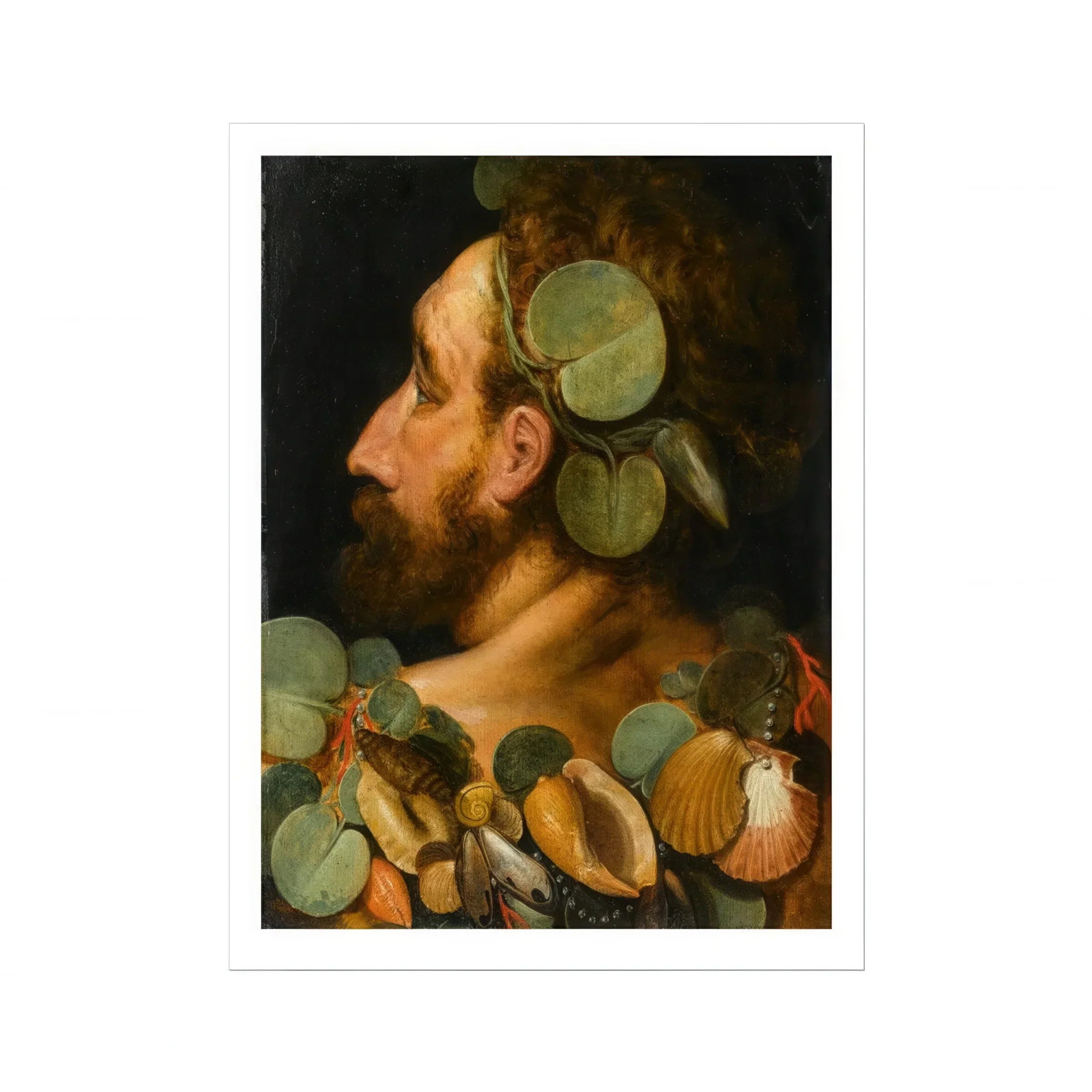 Sea God - Frans Floris Flemish Renaissance Art Print, Profile Portrait Eucalyptus Leaves Seashells Composition