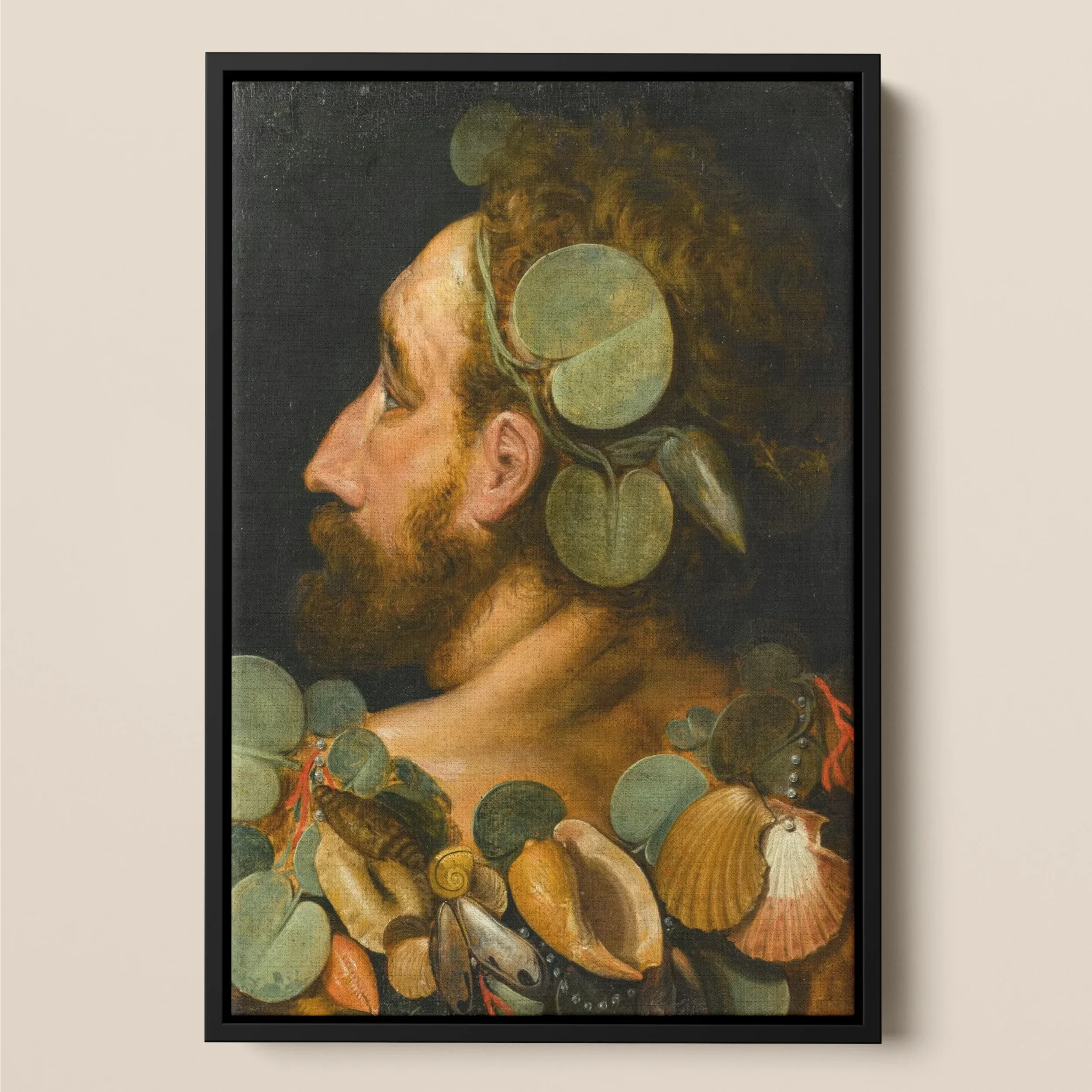 Sea God - Frans Floris Flemish Renaissance Framed Canvas, Portrait Bearded Man Leaves Seashells Head Shoulders