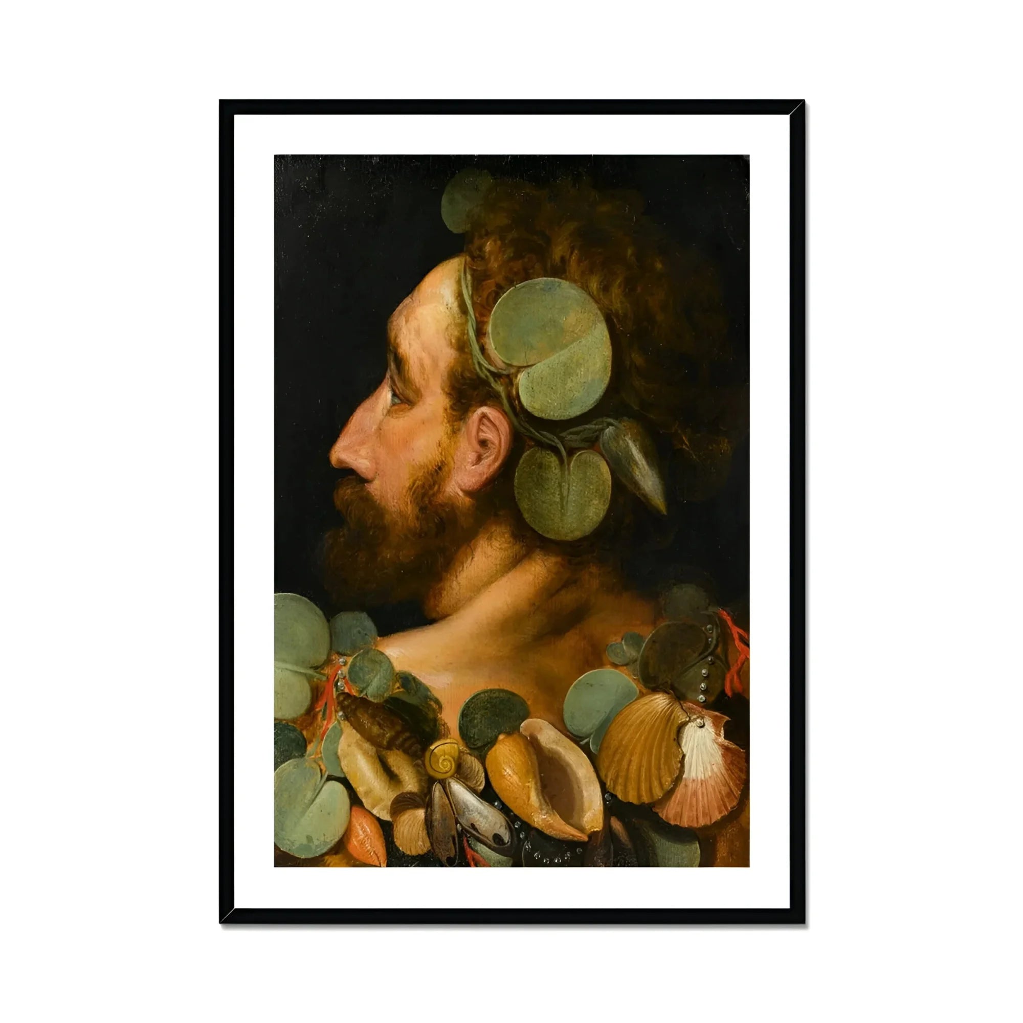 Sea God - Frans Floris Flemish Renaissance Art Print, Profile Portrait Adorned Seashells Circular Green Leaves