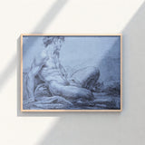 Framed Charcoal Sketch Muscular Nude Male Figure Profile Taut Emerges, Graphite Ether, Spectral Strata
