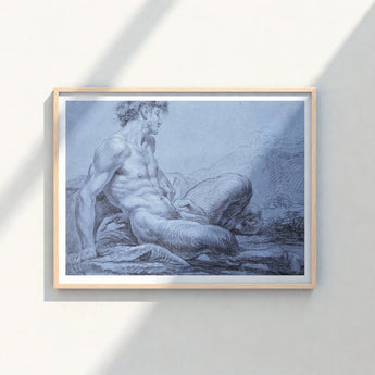 Framed Charcoal Sketch Muscular Nude Male Figure Seated Taut Emerges, Graphite Ether, Spectral Strata