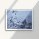 Framed Charcoal Sketch Muscular Nude Male Figure Seated Taut Emerges, Graphite Ether, Spectral Strata