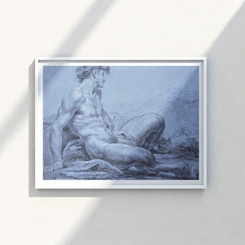 Framed Charcoal Sketch Muscular Nude Male Figure Seated Taut Emerges, Graphite Ether, Spectral Strata