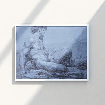 Framed Monochrome Sketch Muscular Nude Male Figure Seated Taut Emerges, Graphite Ether, Spectral Strata