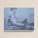 A Seated Faun - Jean Restout Ii (the Younger) Art Print / Canvas Framed Monochromatic Sketch Muscular Nude Male Figure Seated Taut Emerges,