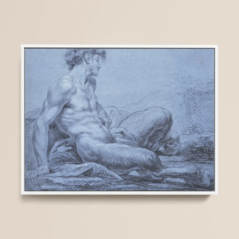 A Seated Faun - Jean Restout Ii (the Younger) Art Print / Canvas Framed Monochromatic Sketch Muscular Nude Male Figure Seated Taut Emerges,