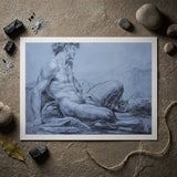A Seated Faun - Jean Restout Ii (the Younger) Art Print / Canvas Monochromatic Charcoal Sketch Print Muscular Nude Male Figure Taut