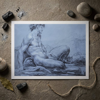 A Seated Faun - Jean Restout Ii (the Younger) Art Print / Canvas Monochromatic Charcoal Sketch Print Muscular Nude Male Figure Taut