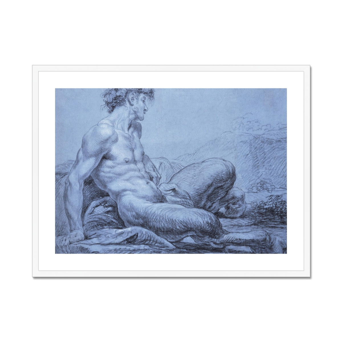 A Seated Faun - Jean Restout Ii (the Younger) Art Print, Framed Charcoal Male Figure