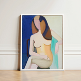 Seated Female Model - Vilhelm Lundstrøm Art Print / Canvas Abstract Painting White Frame Stylized Nude Figure Geometric, Faceless Folds,