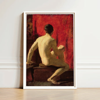 Framed Painting Nude Male Figure Seated Profile Vibrant William Etty’s Model, Oil Surface Catches, Torso Illuminated