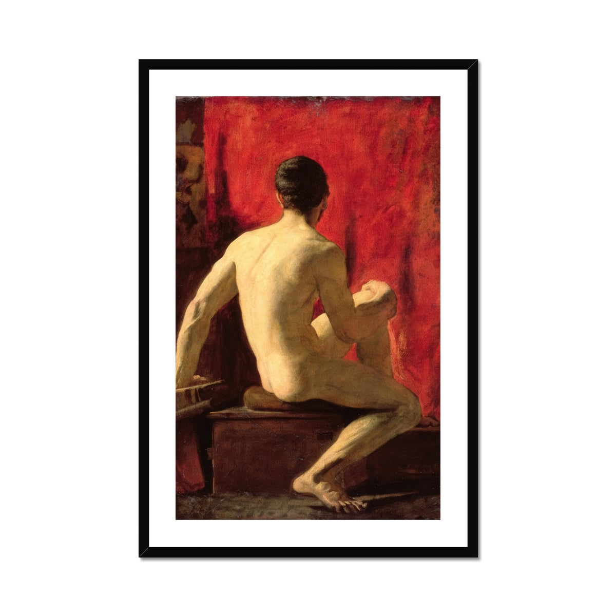 Seated Male Model William Etty Art Print, Framed Painting Nude Man Red Background