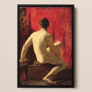 Seated Male Model William Etty Framed Canvas, Framed Oil Painting Male Nude Red Background