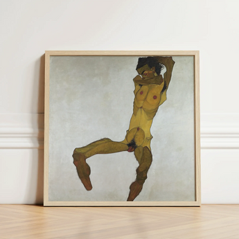 Seated Male Nude (self Portrait) - Egon Schiele Art Print / Canvas Framed Painting Figure Dynamic Pose Rendered Expressive, Bruised Ochre