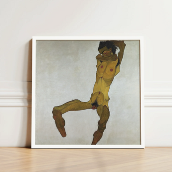 Seated Male Nude (self Portrait) - Egon Schiele Art Print / Canvas Framed Artwork Stylized Figure Dynamic Pose Yellowish, Bruised Ochre