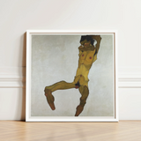 Seated Male Nude (self Portrait) - Egon Schiele Art Print / Canvas Framed Reproduction Schiele’s ?The Dancer” Minimalist White, Bruised Ochre