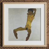 Seated Male Nude (self Portrait) - Egon Schiele Art Print / Canvas Framed Painting Stylized Yellow-toned Figure Dark Hair, Bruised Ochre