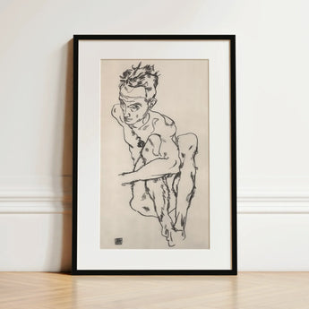 Seated Male Nude (self-portrait) - Egon Schiele Fine Art Print / Canvas, 12x18’’ / 31x46cm / Black Frame / Matboard, Posters Prints &