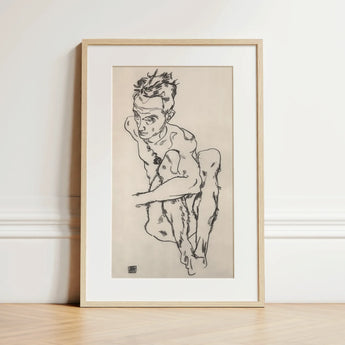 Seated Male Nude (self-portrait) - Egon Schiele Fine Art Print / Canvas, 12x18’’ / 31x46cm / Natural Frame / Matboard, Posters Prints &