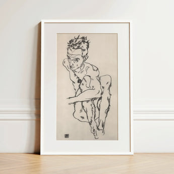 Seated Male Nude (self-portrait) - Egon Schiele Fine Art Print / Canvas, 12x18’’ / 31x46cm / White Frame / Matboard, Posters Prints &