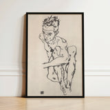 Black-framed Sketch Print Nude Male Figure Dynamic Pose Egon Schiele Fine, Line Quivers, Remembers Pain