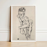 Minimalist White-framed Artwork Dynamic Black Ink Sketch Nude Egon Schiele Fine, Line Quivers, Remembers Pain