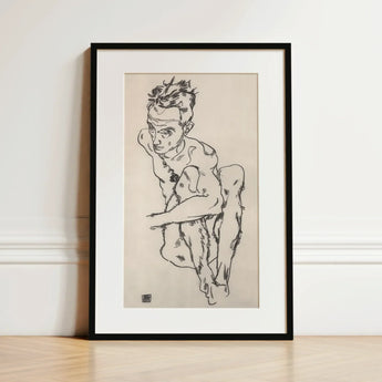 Seated Male Nude (self-portrait) - Egon Schiele Fine Art Print / Canvas Black-framed Artwork Sketch Figure Dynamic Pose Rendered, Line