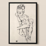 Seated Male Nude (self-portrait) - Egon Schiele Fine Art Print / Canvas Black-framed Sketch Figure Dynamic Pose Rendered Expressive, Line