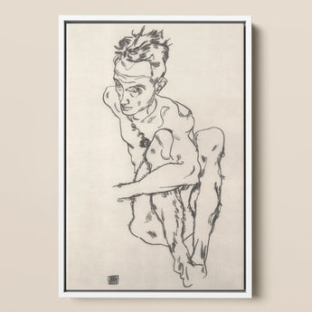 Seated Male Nude (self-portrait) - Egon Schiele Fine Art Print / Canvas Framed Black-and-white Sketch Figure Dynamic Pose Rendered, Line