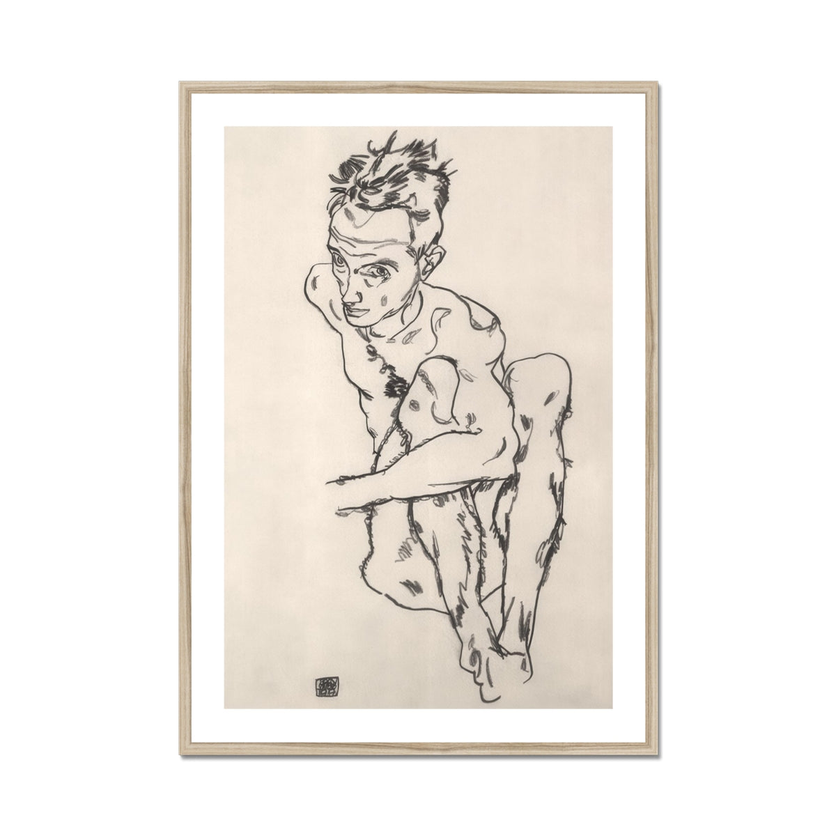 Seated Male Nude (self-portrait) - Egon Schiele Fine Art Print, Framed Seated Nude Man