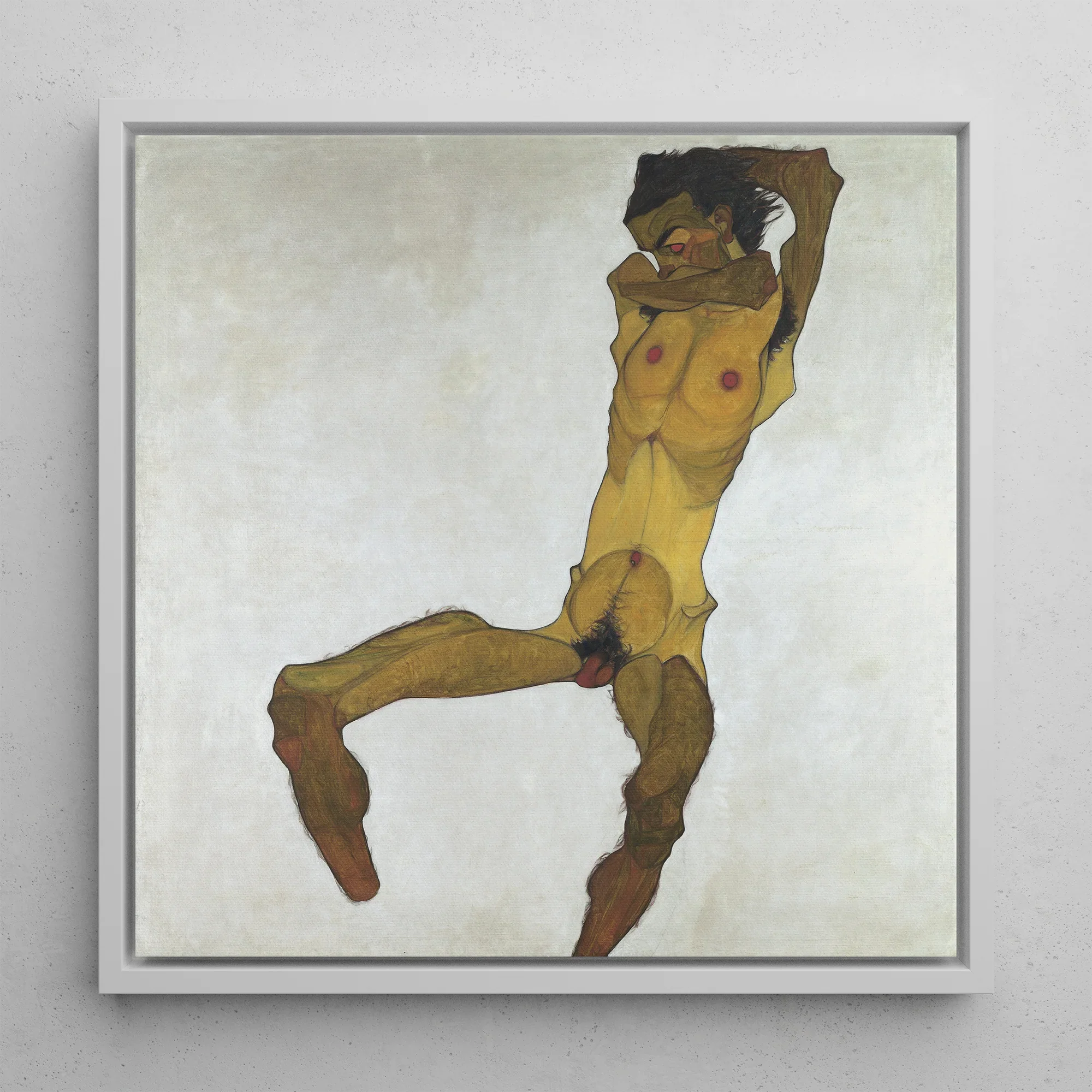 Seated Male Nude (self Portrait) - Egon Schiele Framed Canvas, 12’’x12’’ / White Floating Frame, Framed Nude Figure Painting