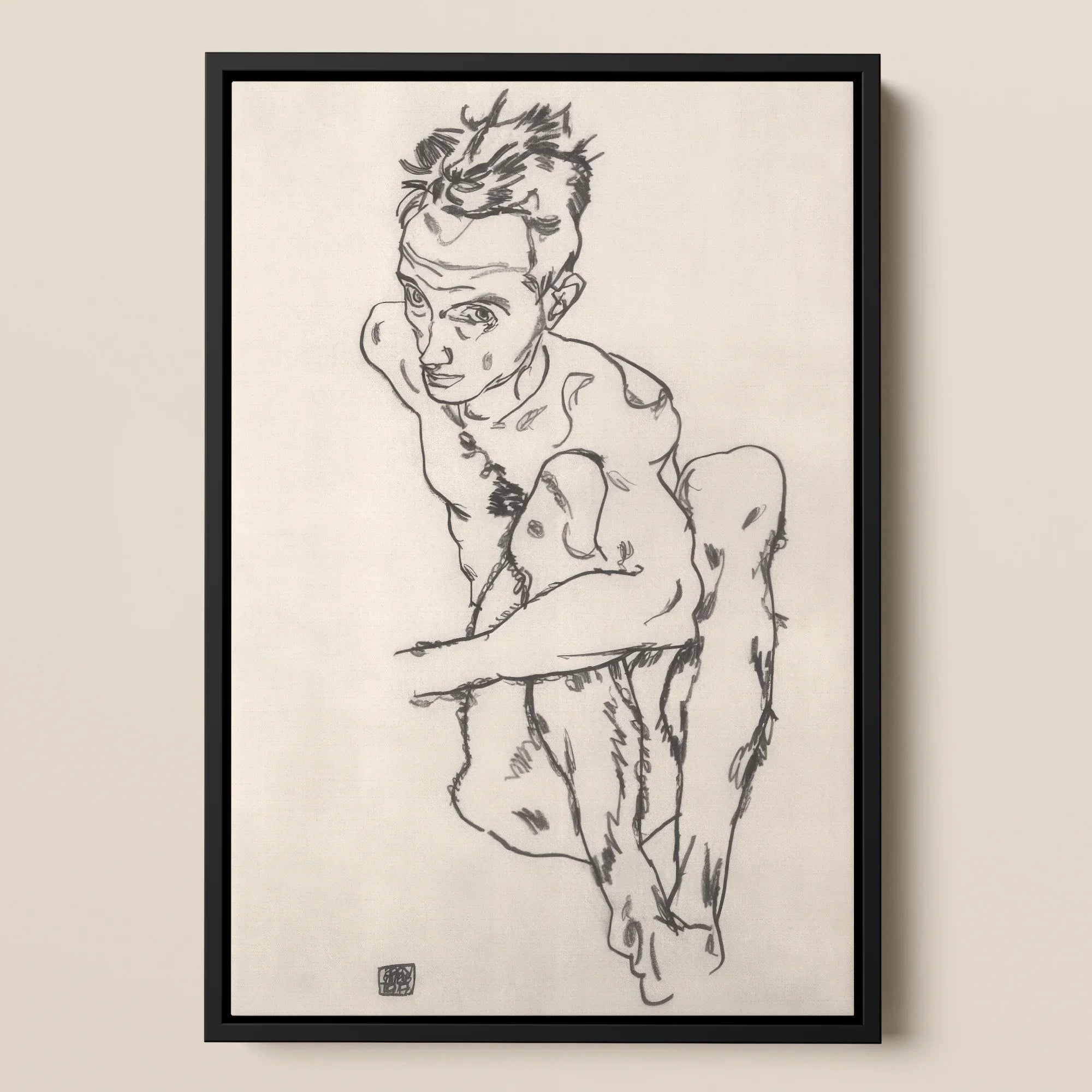 Seated Male Nude (self-portrait) - Egon Schiele Framed Canvas, Framed Charcoal Seated Nude Man