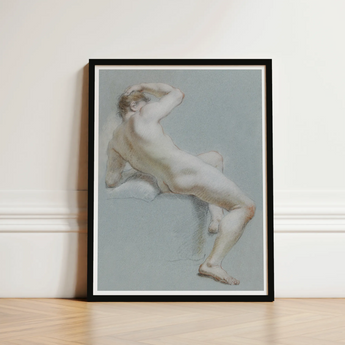 Seated Naked Man Fine Art Print / Canvas Framed Artwork Nude Male Figure Soft Muted Tones Sits, Arm Hooked Overhead, Body Opening Prints